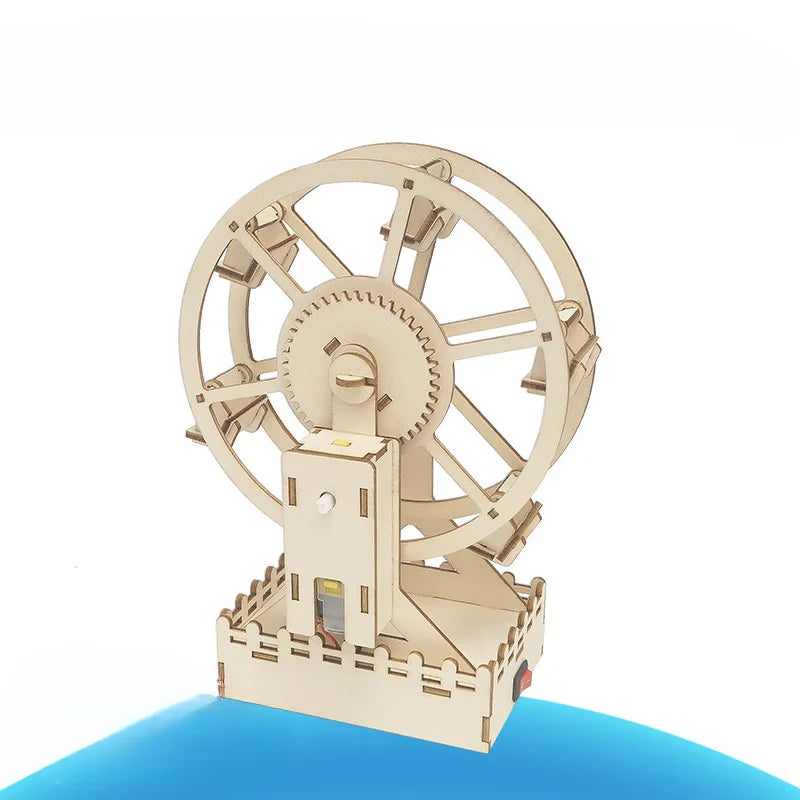 Close-up view of wooden Ferris wheel STEM craft with motorized movement for kids